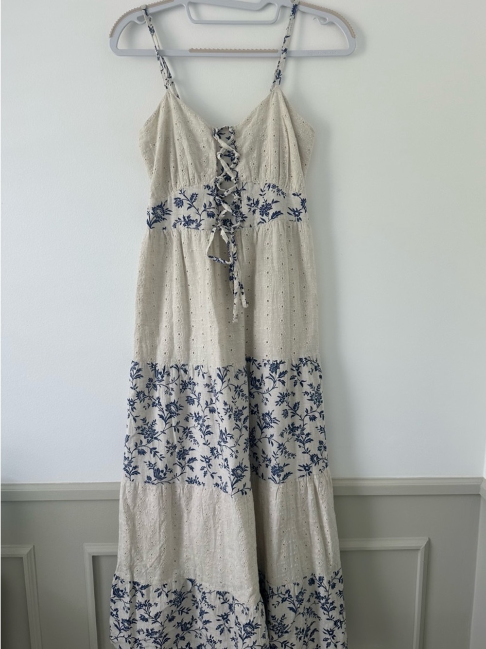 Cream Maxi Dress with Blue Floral Trim and Tie Front